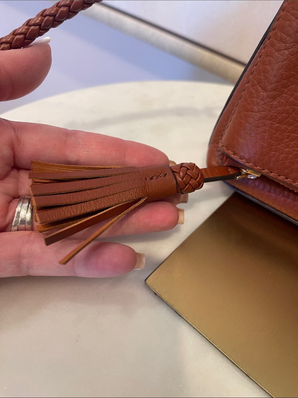 Tory Burch Cognac Leather Braided-Strap Crossbody - Picture 5 of 7